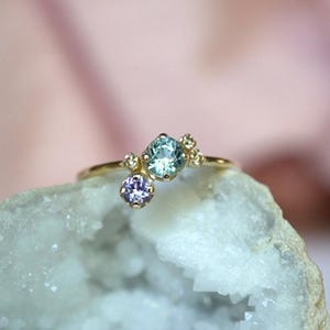 14K Gold Gemstone Cluster Ring, &quot;Garden&quot; Ring, Cluster Ring, Engagement Ring, Aquamarine, Tanzanite, Champagne Diamonds, Gemstone Ring, 10K
