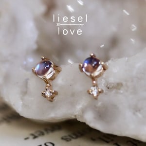 14K Gold Moonstone Diamond Earrings, Love Drop Earrings, Moonstone, Moonstone Studs, June Birthstone Two Stone Stud, Post Earrings, Real image 6