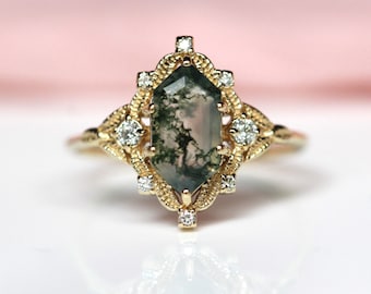 14K Moss Agate Leaf Elongated Hexagon Ring, Nature Ring, Diamond Accent, 10K Gold, Green Stone, Branch Ring, Solid Gold, Geometric Ring