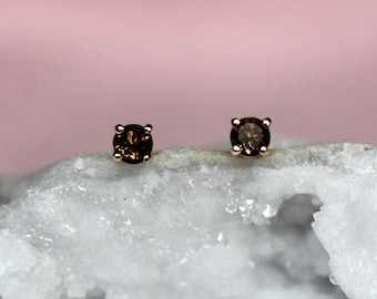 14K 3mm Smokey Quartz Studs, Brown Stone Studs, Quartz Earrings, Post Studs, Solid gold, Prong Setting, Everyday Wear, Real Gold