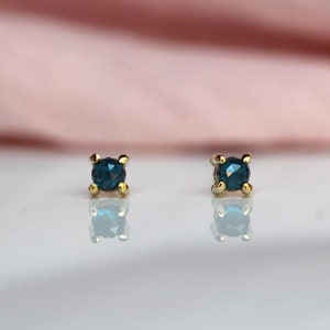 14K Gold London Blue Topaz Studs, Teal Stone, Rose Cut Stone, Every Day Wear, November Birthstone, Tiny Stud, Blue Green Stone, Cabochon image 2