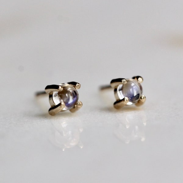 14K Gold Moonstone Studs, Moonstone, Moonstone Jewelry, Moonstone Earrings, Tiny Studs, Solid Gold, Blue Flash, 3mm Stone Stud, Real Gold