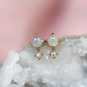 14K Gold Opal Diamond Earrings, "Love Drop", Opal Studs, Diamond Earrings, October Birthstone, Two Stone Stud, Australian Opal, Drop Stud