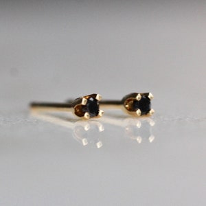 May include: A pair of stud earrings featuring small, round, black stones set in four-prong gold metal settings. The earrings have straight posts extending from the back of the settings, designed for pierced ears, and are shown in a side profile view.