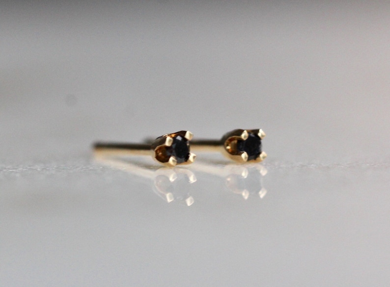 14K Gold Tiny Black Diamond Studs, Black Diamond, Black Stone, Tiny Earrings, Solid Gold, Gold Stud, Real Gold, Post Studs. Four Prong image 3