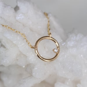 14K Open Circle Diamond Necklace, Round pendant Necklace, Layering Necklace, April Birthstone, Open Pendant, Lightweight, Everyday Wear image 2
