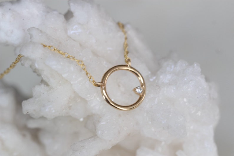 14K Open Circle Diamond Necklace, Round pendant Necklace, Layering Necklace, April Birthstone, Open Pendant, Lightweight, Everyday Wear image 2