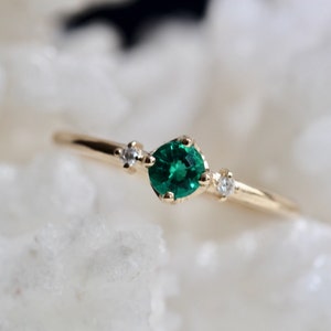 14K Gold Emerald Diamond Ring, Emerald Ring, Engagement Ring, Dainty Ring, Green Stone Ring, Promise Ring, Green Stone, three Stone Ring