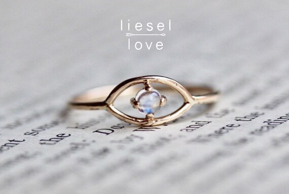 14K Gold Moonstone Eye Ring evil Eye 