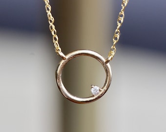 14K Open Circle Diamond Necklace