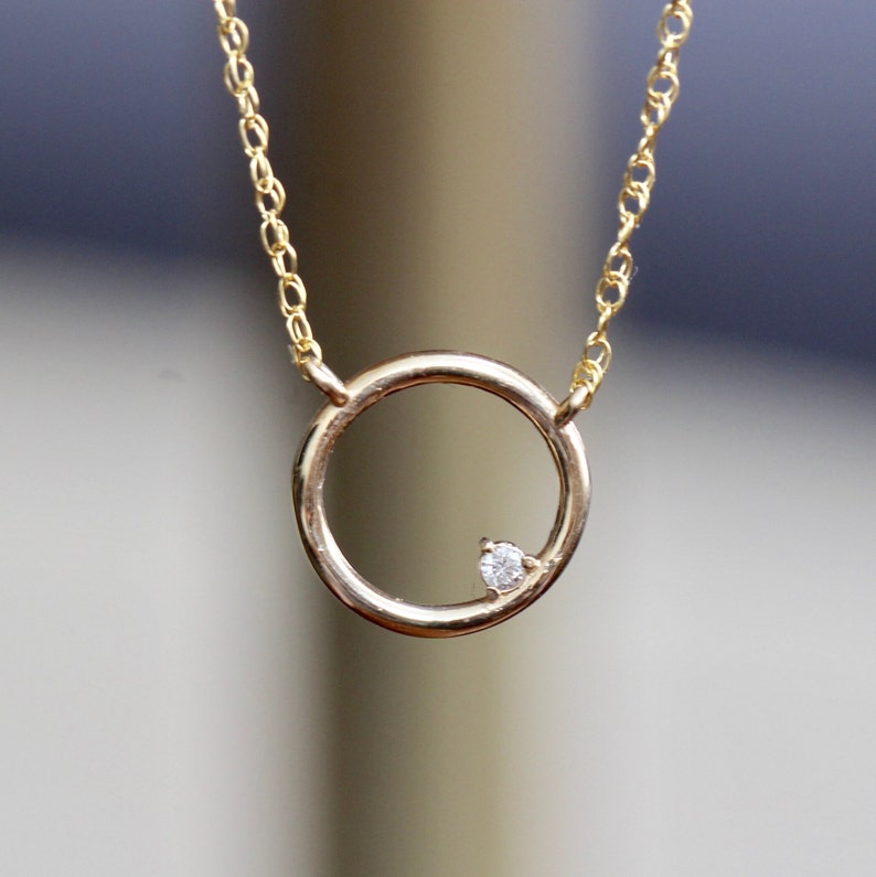 14K Open Circle Diamond Necklace, Round pendant Necklace, Layering Necklace, April Birthstone, Open Pendant, Lightweight, Everyday Wear image 1