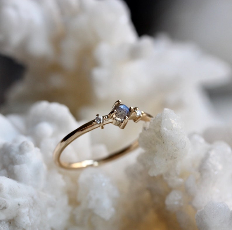 14K Gold Labradorite Diamond Ring, Moonlight Drive Ring, Labradorite Ring, Labradorite Engagement Ring, Grey Stone Ring, Color Changing image 7