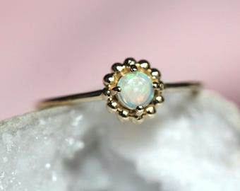 14K Opal Beaded Halo Ring, Opal Ring, Australian Opal, October Birthstone, Iridescent Stone, Solid Gold, 10K Gold, Solitaire Ring, Minimal
