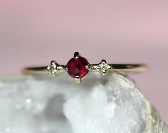 14K Gold Ruby Diamond Ring, Red Stone Ring, Dainty Ring, Rose-cut Ruby, Solid Gold Ring, Three Stone Ring, July Birthstone, 10K Gold