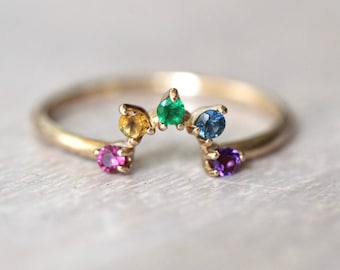 14K Gold Rainbow Ring, Multi Gemstone Ring, Arch Ring, Curved Band, Rainbow Jewelry, Mixed Stone Ring