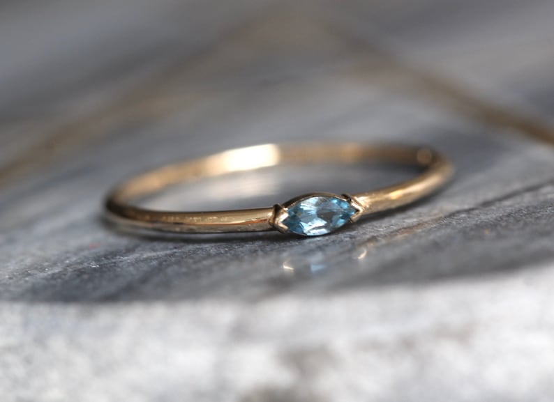 14K Gold Marquise Aquamarine Ring, Wink Ring, Stacking Ring, Midi Ring, 10K Promise Ring, Light Blue Stone, Aqua, Solid Gold Stacking Ring image 3