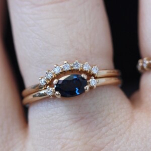 14K Gold Blue Sapphire Diamond Bridal Set, Engagement Ring, Ring Set, Stacking Ring, September Birthstone, Gemstone Engagement, Oval Stone image 2