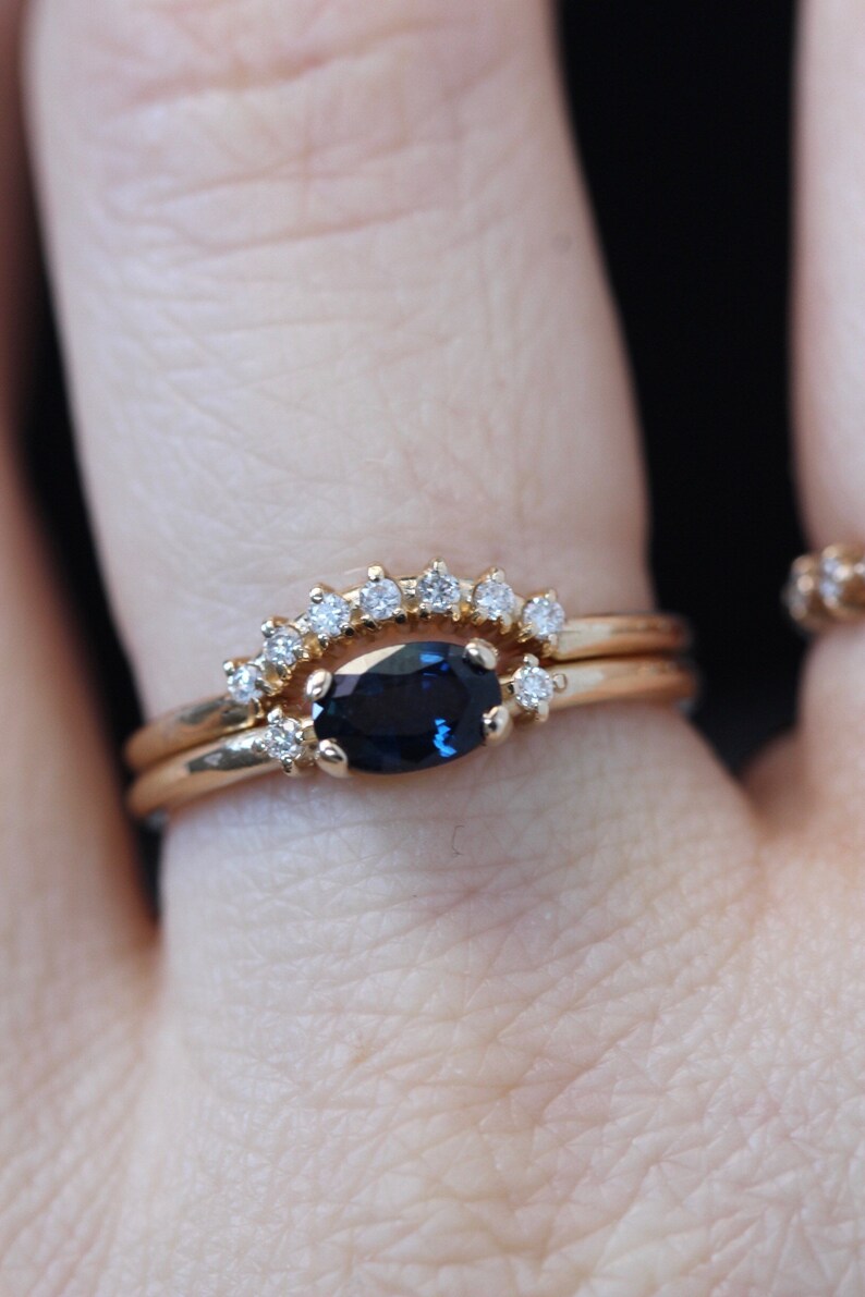 14K Gold Blue Sapphire Diamond Bridal Set, Engagement Ring, Ring Set, Stacking Ring, September Birthstone, Gemstone Engagement, Oval Stone image 2