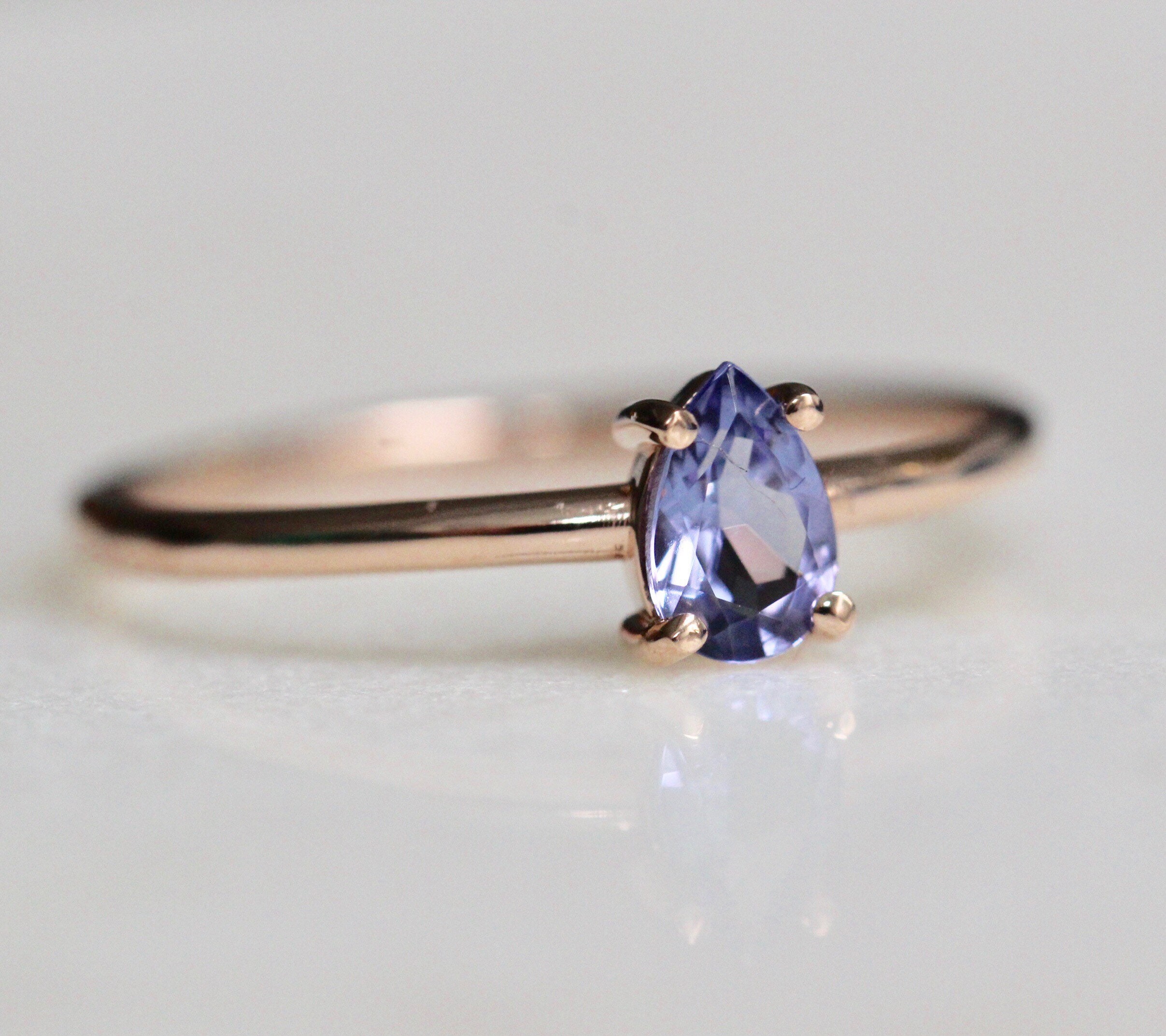 14K Gold Tanzanite Ring, Light purple Stone, Tear Shape Ring, Pear ...