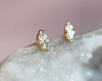 14K Gold Tiny Marquise Diamond Studs, Second Hole Stud, Solid Gold Earrings, Diamond Earings, Gift for Her, Post, Eye shape