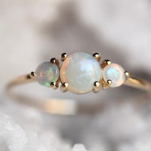14K Gold Opal Ring, Three Stone Ring, October Birthstone, 10K Opal Jewelry, Dreamy, Australian Opal, Color Changing Gemstone, Round Stone