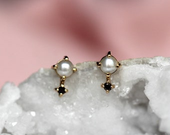 14K Pearl and Black Diamond Studs, Black Diamond Earrings, Pearl Earrings, Solid 14K Gold Earrings, June Birthstone, Everyday Wear Studs