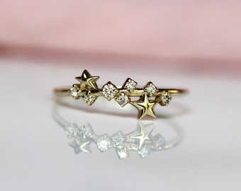 14K Gold Star Cluster Ring, Star Party Ring, Star Gaze, Star and Moon Ring, Diamond Ring, Constellation Ring, Minimal Jewelry, Solid Gold