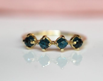 14K London Blue Topaz Row Ring, Rose-cut London Blue Topaz, Four Stone Ring, Teal Colored Stone, November Birthstone Ring, 10K Gold,