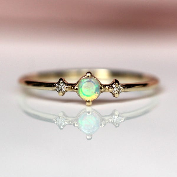 14K Gold Opal Diamond Ring, "Moonlight Drive" Ring, Opal Ring, Diamond Ring, Dainty Ring, Australian Opal, Opal Flash, Three Stone Ring