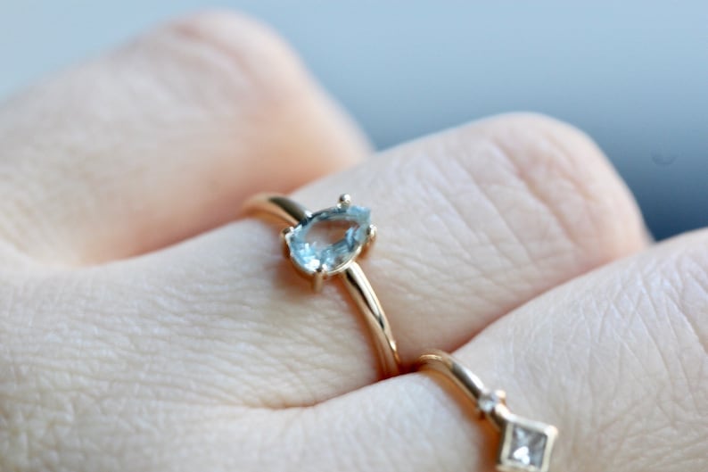 14K Gold Aquamarine Pear Solitaire Ring, Tear Shape Ring, Gemstone Engagement Ring, Light Blue Stone, Aqua Stone, Pear Shape, Drop Shape image 5