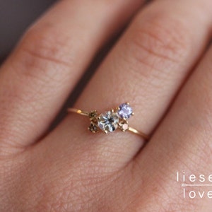 14K Gold Gemstone Cluster Ring, Garden Ring, Cluster Ring, Engagement Ring, Aquamarine, Tanzanite, Champagne Diamonds, Gemstone Ring image 1
