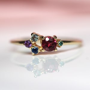14K Gold Mixed Stone Cluster Ring, Autumn Ring, Rhodolite Garnet, Alexandrite, Blue Diamond, Sapphire, Amethyst, Real Gold Ring, 10K