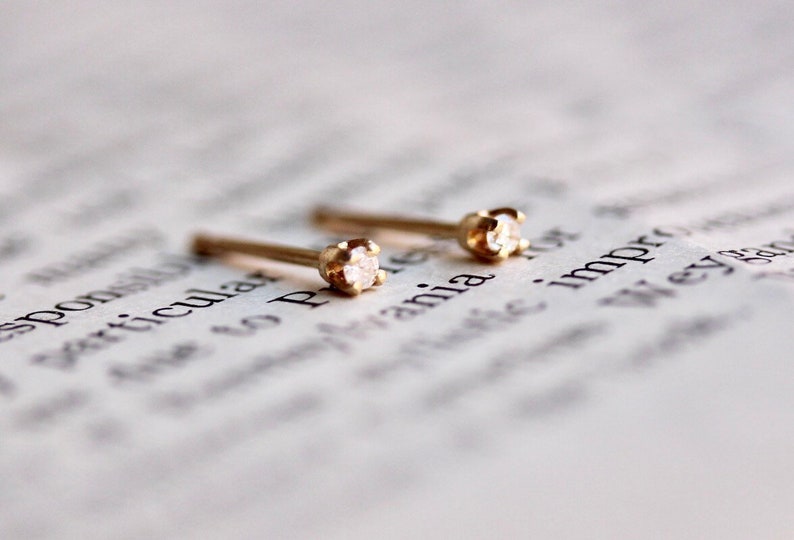 14K Gold Tiny Diamond Studs, Diamond Studs, Second Hole Studs, Dainty Studs, Solid Gold, Real Gold, Four Prong Stud, Minimal Jewelry image 7