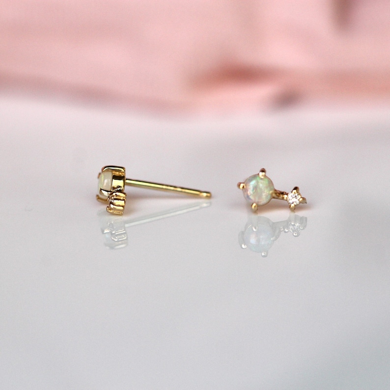 14K Gold Opal Diamond Earrings, Love Drop, Opal Studs, Diamond Earrings, October Birthstone, Two Stone Stud, Australian Opal, Drop Stud image 8