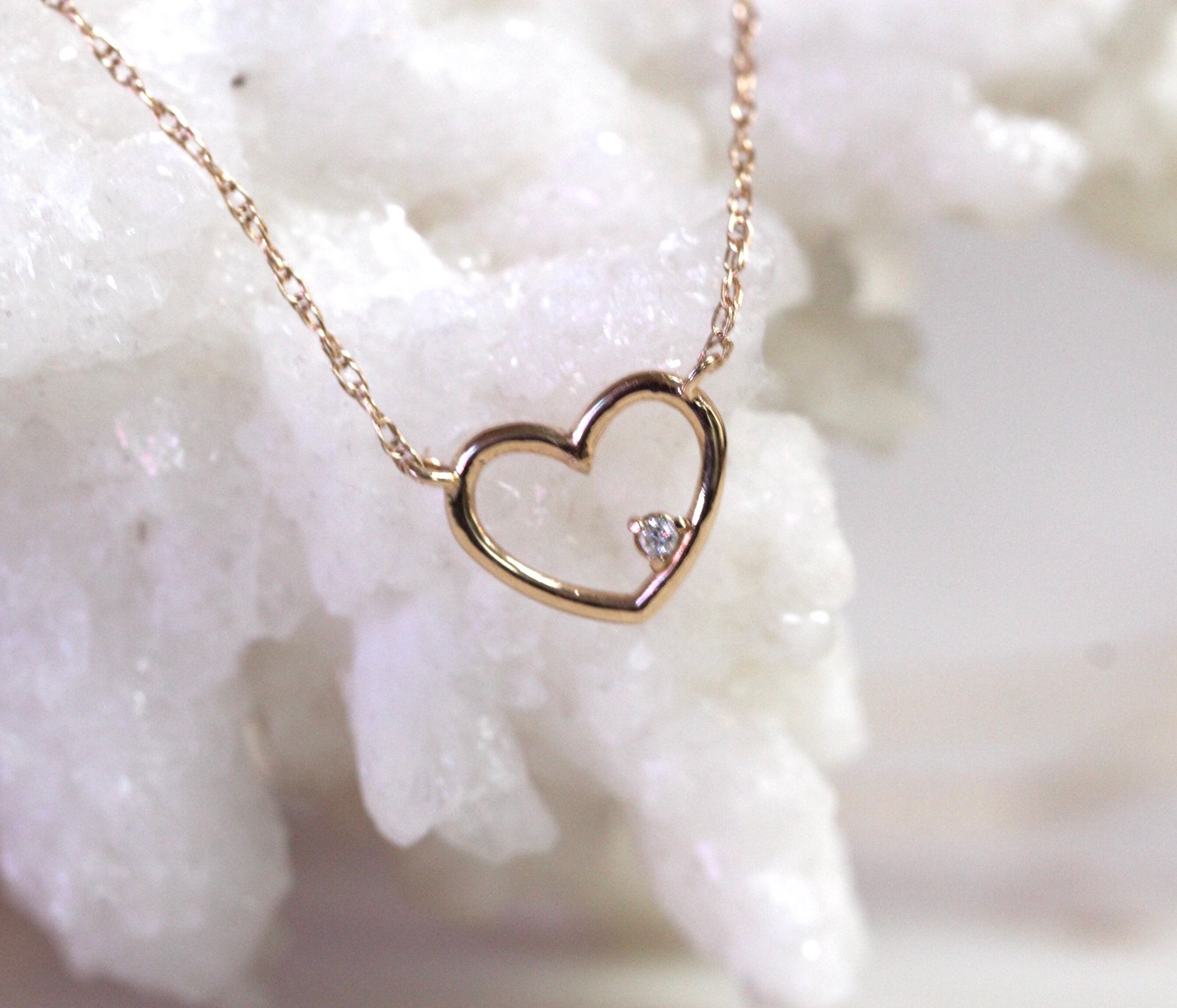 14K Open Heart Diamond Necklace Heart Pendant Necklace - Etsy