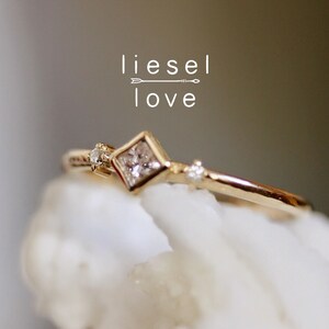 14K Deco Diamond Ring, Square Diamond Ring, Dainty Engagement Ring, Bezel Setting, Simplistic Ring, Three Stone Ring, Princess Cut image 2