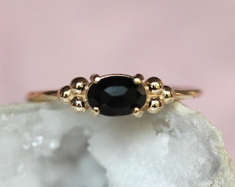 14K Onyx Triple Bead Ring, Rose-cut Oval Onyx, Black Stone Ring, 10K Gold, Solid Gold Ring, Accented Stone, East West Oval, Low Profile