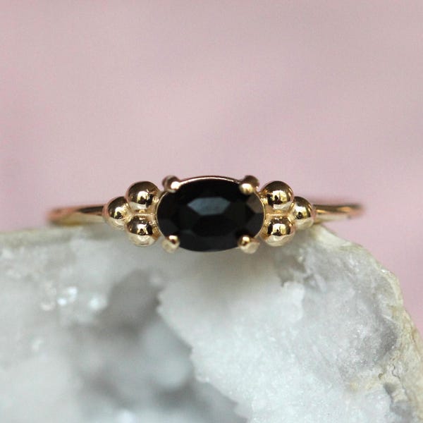 14K Onyx Triple Bead Ring, Rose-cut Oval Onyx, Black Stone Ring, 10K Gold, Solid Gold Ring, Accented Stone, East West Oval, Low Profile