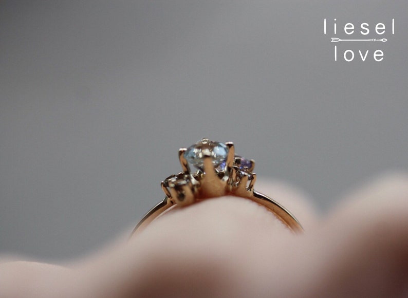 14K Gold Gemstone Cluster Ring, Garden Ring, Cluster Ring, Engagement Ring, Aquamarine, Tanzanite, Champagne Diamonds, Gemstone Ring image 5