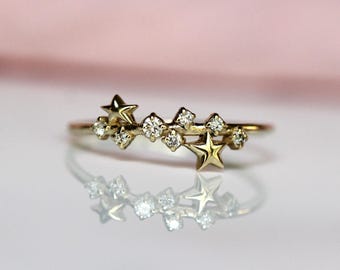 14K Gold Star Cluster Ring, Star Party Ring, Star Gaze, Star and Moon Ring, Diamond Ring, Constellation Ring, Minimal Jewelry, Solid Gold