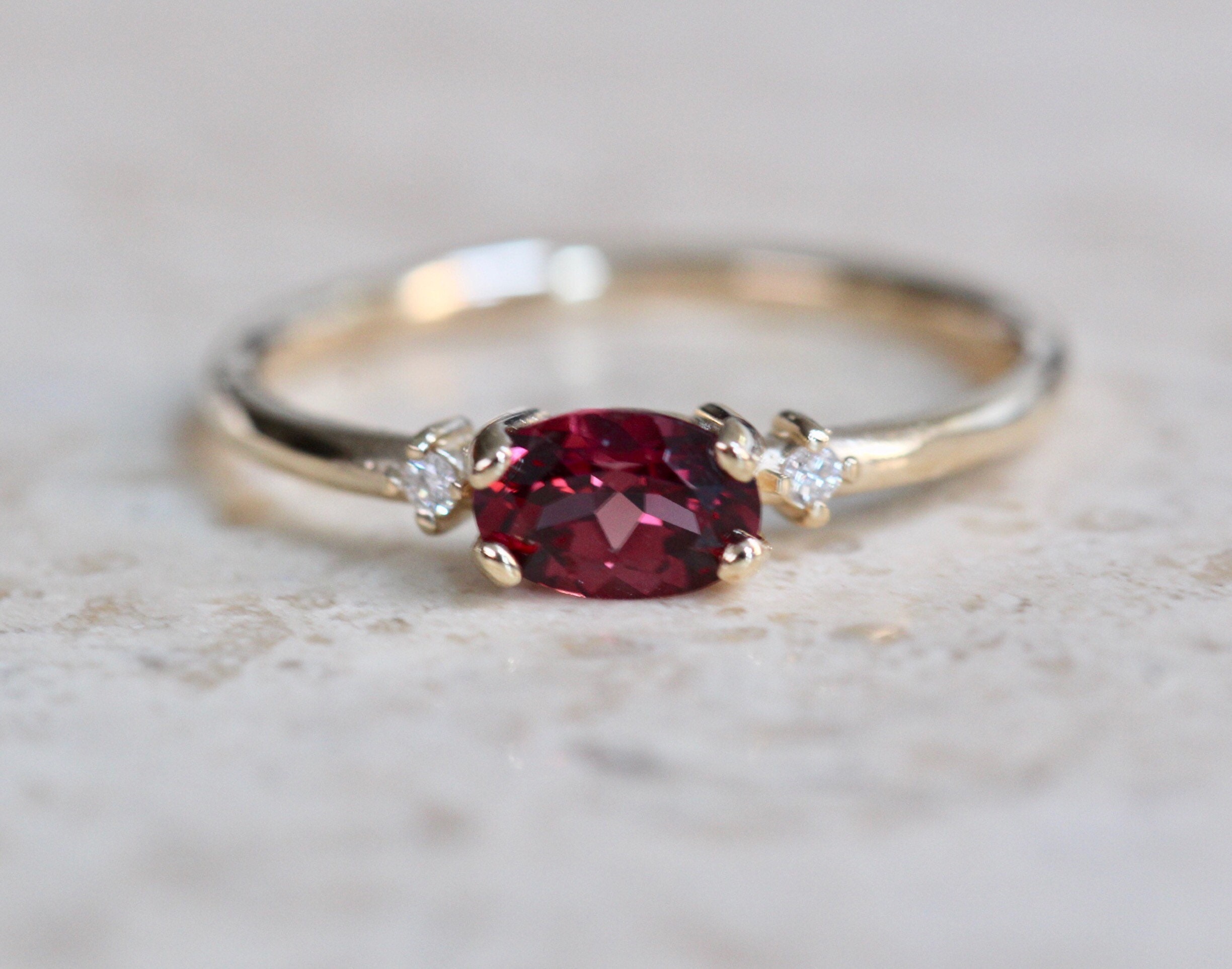 14K Gold Rhodolite Garnet Diamond Ring Oval Stone Ring | Etsy