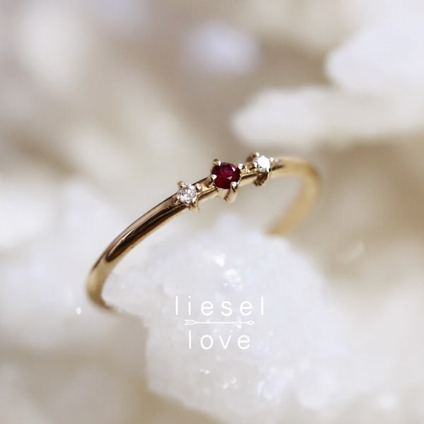 14K Thee stone Ruby Ring, Ruby & Diamond Ring, 10K Ruby Ring, Diamond Ring, Gold Ring, July Birthstone, Red Stone Ring, Three Stone Ring