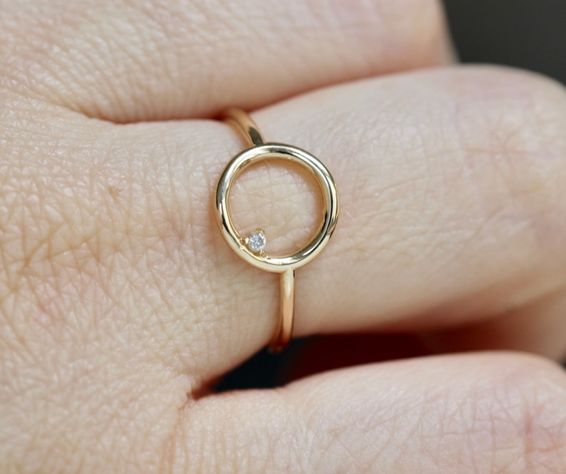 14K Open Circle Ring, Circle Diamond Ring, Modern Circle Ring, Geometric Ring, Round Ring, Loop Ring, Asymmetrical Ring, Solid Gold Ring image 2