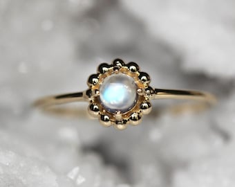 14K Beaded Halo Ring, Moonstone Ring, Rainbow Moonstone, June Birthstone, Blue Flash Stone, Solid Gold, 10K Gold, Solitaire Ring