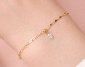 14K Marquise Diamond Charm Bracelet, Two Style Chain, Paperclip Chain, Mirror Chain, Floating Marquise Diamond, Solid Gold, Dainty Bracelet