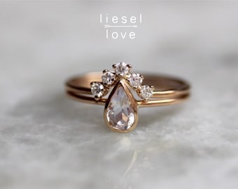 14K Gold Moonstone Pear Engagement Ring Set, "Royal" Ring Set, Pear Bezel, Moonstone Ring, Moonstone Engagement Ring, Engagement Ring