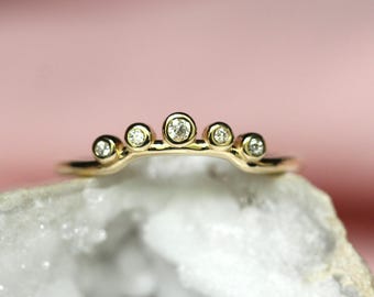 14K Bezel Wrap Around Ring, Five Stone Ring, Bezel Wedding Band, Curved Band, Diamond Band, Floating Stone, Ached Ring, 10K, Solid Gold