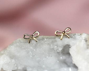 14K Tiny Bow Studs, Post Earrings, Ribbon Earrings, Yellow Gold, Solid Gold Studs, Push Back Earrings, Tie Earrings, Gold Earrings