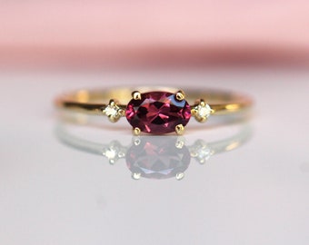 14K Gold Rhodolite Garnet Diamond Ring, Oval Stone Ring, Engagement Ring, 10K, Purple Stone Ring, Red Stone, East West Oval, Solid Gold Ring