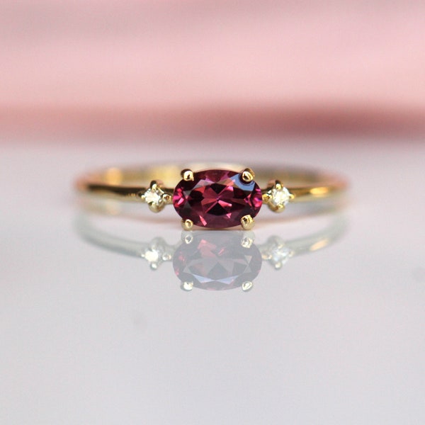 14K Gold Rhodolite Garnet Diamond Ring, Oval Stone Ring, Engagement Ring, 10K, Purple Stone Ring, Red Stone, East West Oval, Solid Gold Ring